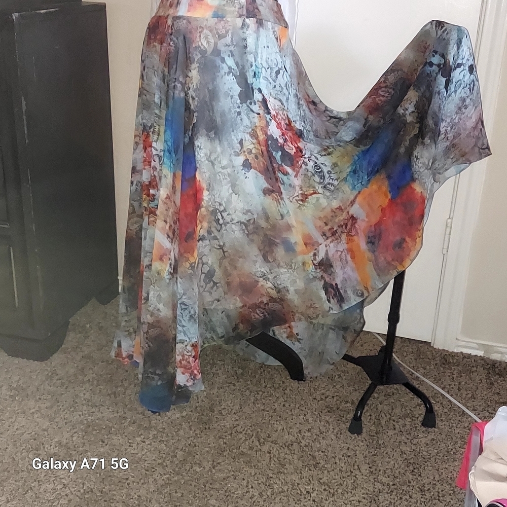 Christina Orange and Blue Maxi Skater Skirt Asymmetrical Resort Wear - Picture 4 of 8